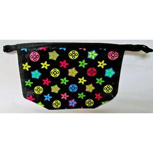 Girls Zippered Wallet Small Black Plastic Pouch Purse with Flowers Retro Design